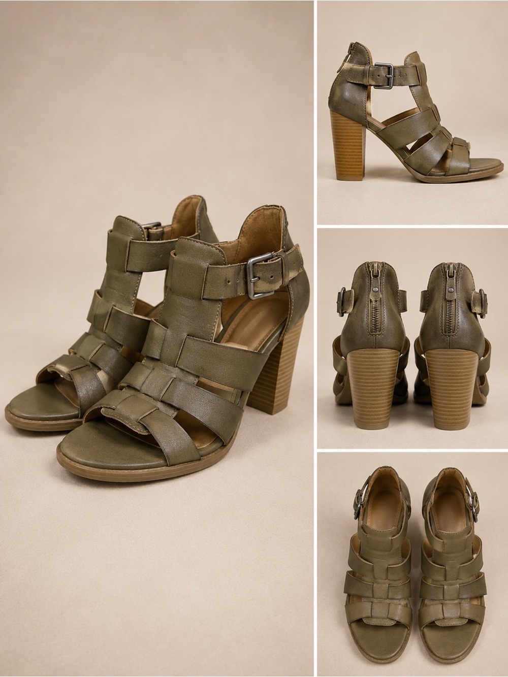 Rockport Caged Gladiator Sandals Army Green Vegan Leather Strappy Block Heels 8